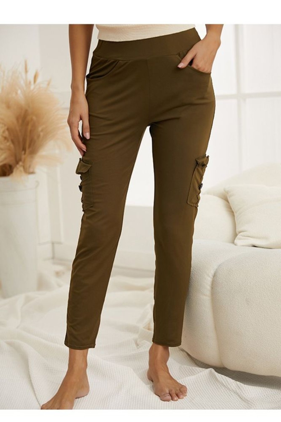 Clothing Azzlee Pants | Solid With Pockets Casual Yoga Pants Army Green