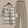 Clothing Azzlee | Casual Plaid Floral Printed Half Sleeve Two Piece Sets Khaki