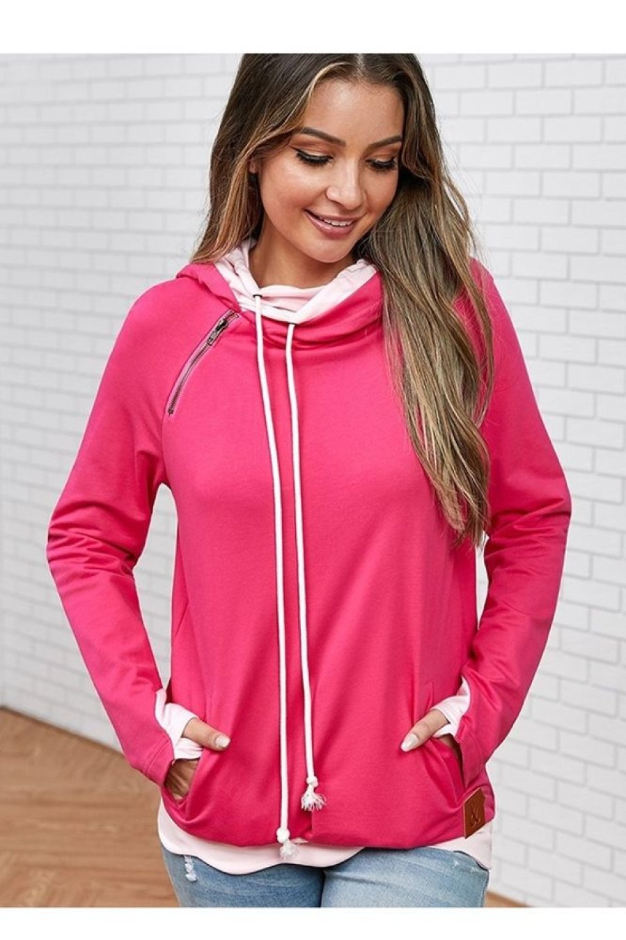 Clothing Azzlee Sweatshirt & Hoodies | Solid Color Zipper Casual Hoodie Sweatshirt Pink