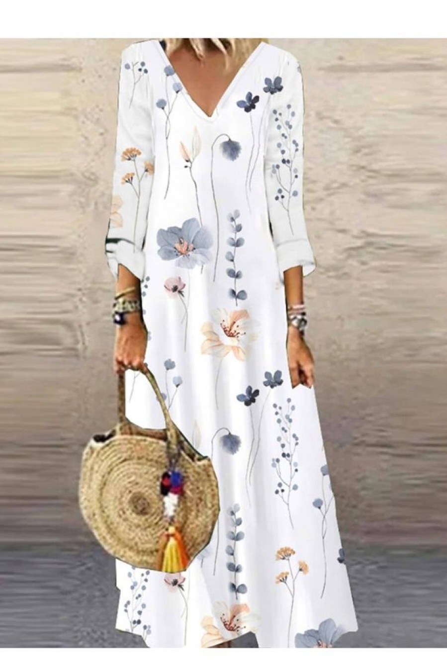 Clothing Azzlee Maxi Dresses | V-Neck Long Sleeve Floral Print Maxi Dress White