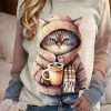 Clothing Azzlee Sweatshirt & Hoodies | Round Neck Cat Print Casual Sweatshirt Khaki