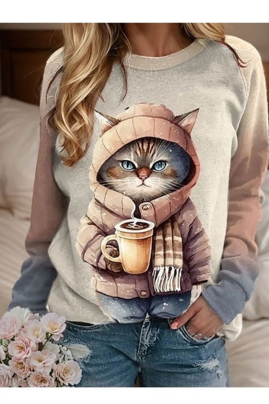 Clothing Azzlee Sweatshirt & Hoodies | Round Neck Cat Print Casual Sweatshirt Khaki