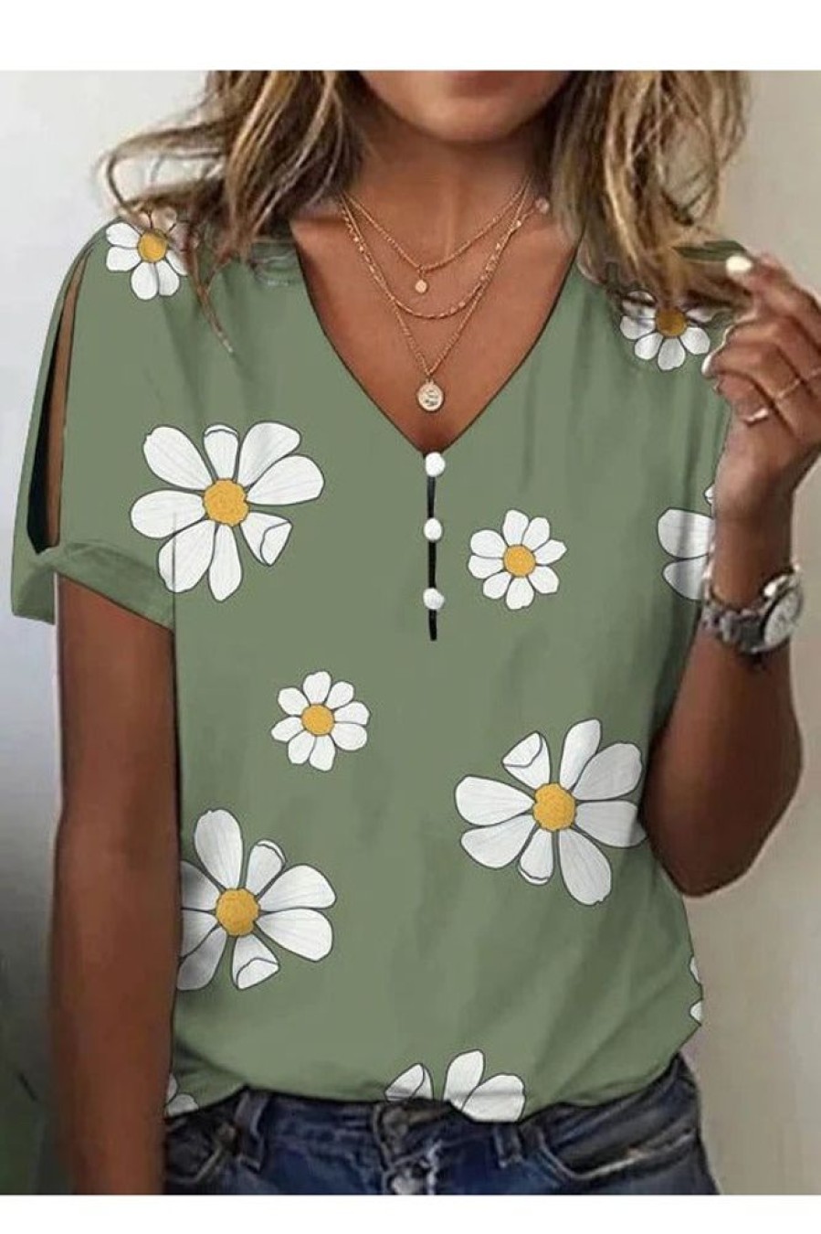 Clothing Azzlee Blouse & Shirts | Casual V Neck Floral Printed Short Sleeve Blouse Green