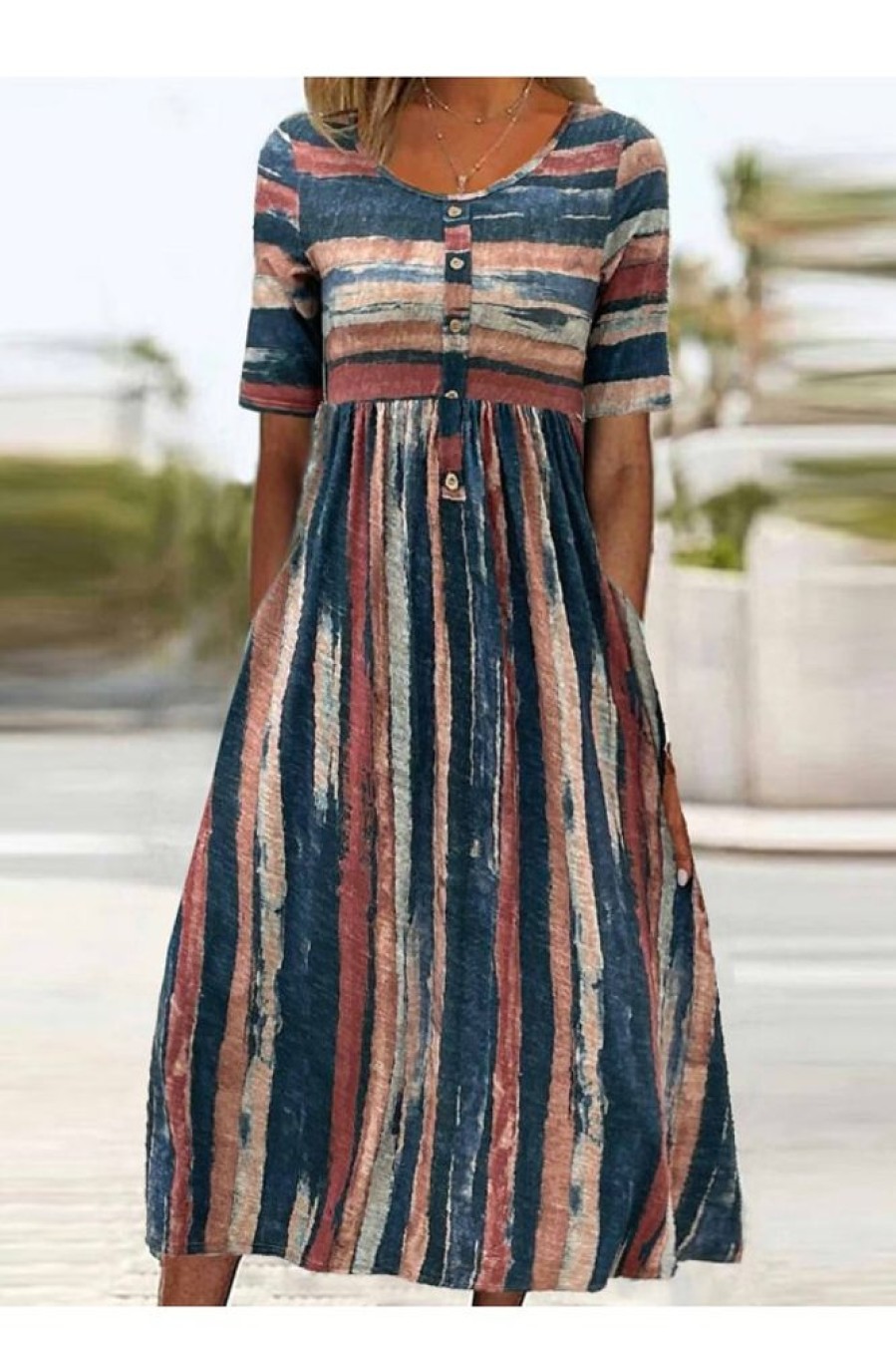 Clothing Azzlee Midi Dresses | Casual Short Sleeve Round Neck Stripe Print Midi Dress Blue