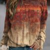 Clothing Azzlee Sweatshirt & Hoodies | Casual Ethnic Floral Print Loose Pullover Sweatshirt Red Brown