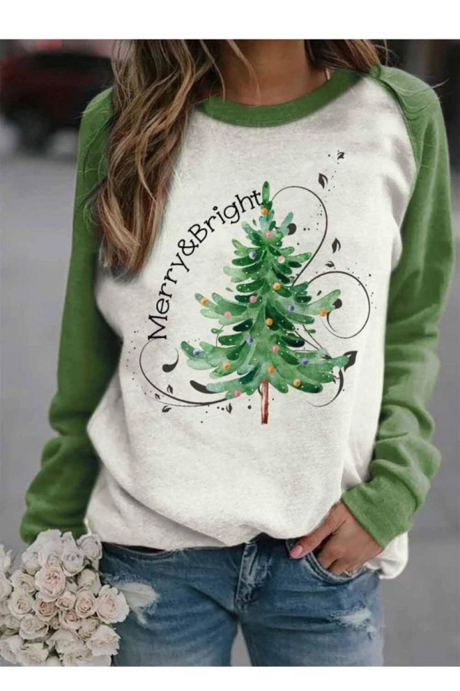 Clothing Azzlee Sweatshirt & Hoodies | Casual Graphic Tops Round Neck Long Sleeve Christmas Tree Printed Sweatshirts Green