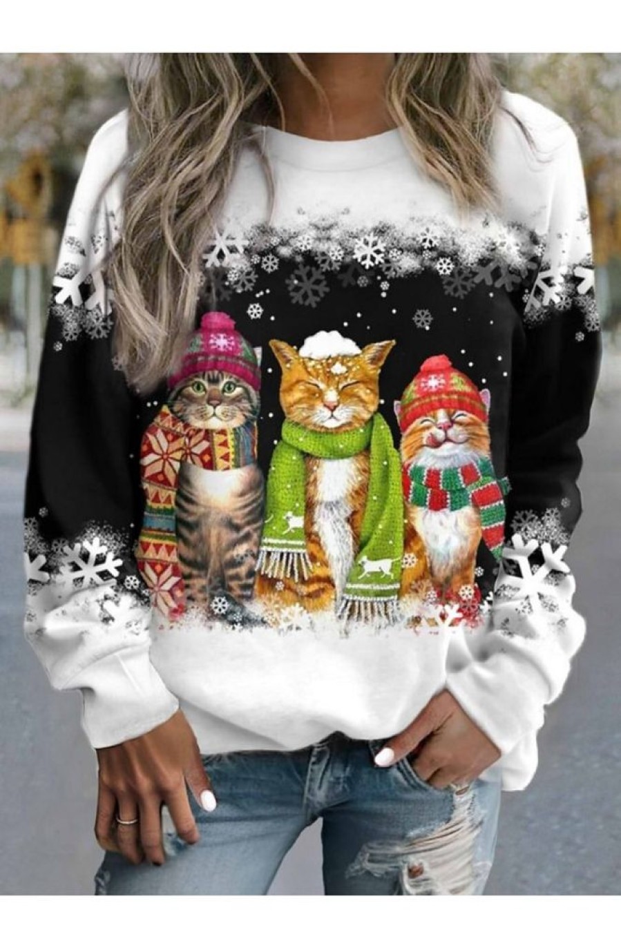 Clothing Azzlee Sweatshirt & Hoodies | Christmas Cat Sweatshirt Pullover Sweatshirt Dark Grey