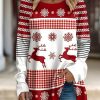 Clothing Azzlee Sweatshirt & Hoodies | Christmas Party Round Neck Long Sleeve Snowflake Reindeer Print Sweatshirt Red