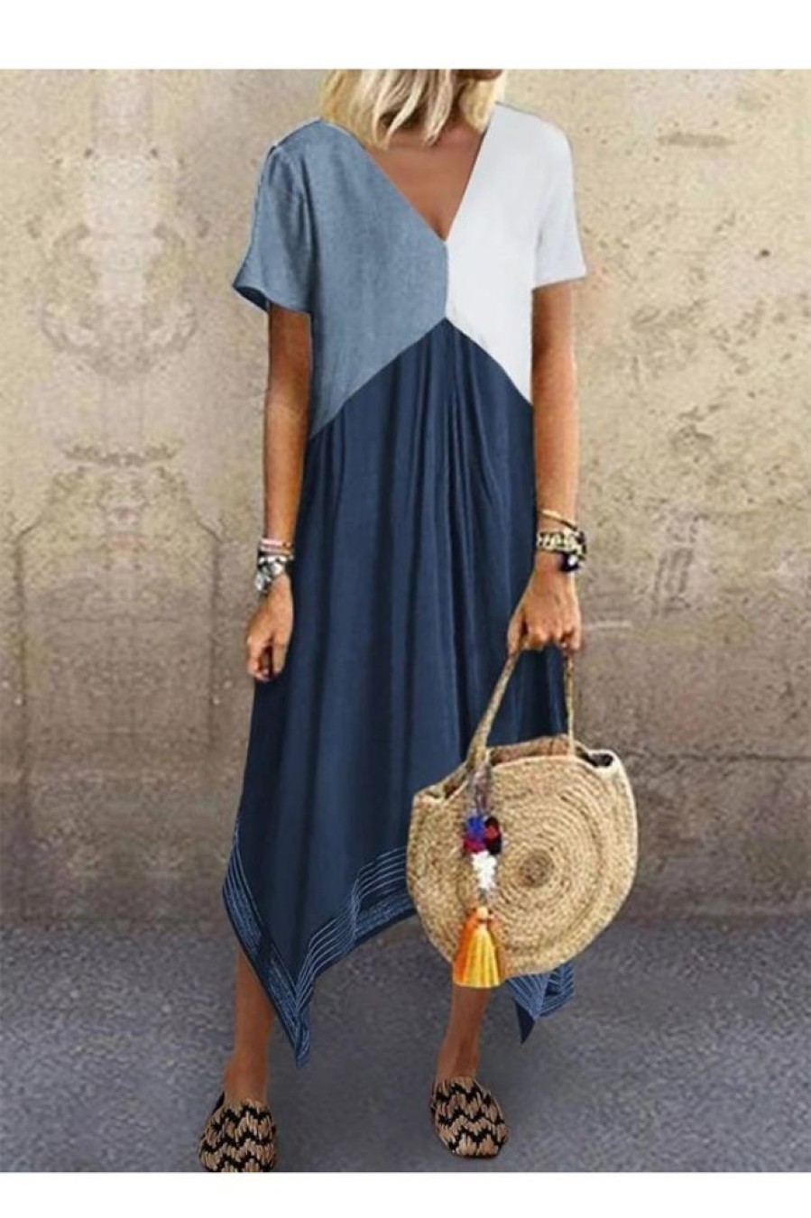 Clothing Azzlee Midi Dresses | V-Neck Geometric Patchwork Casual Holiday Short Sleeve Midi Dress Blue