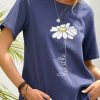 Clothing Azzlee Blouse & Shirts | Round Neck Floral Print Casual Short Sleeve Shirts & Tops Navy Blue