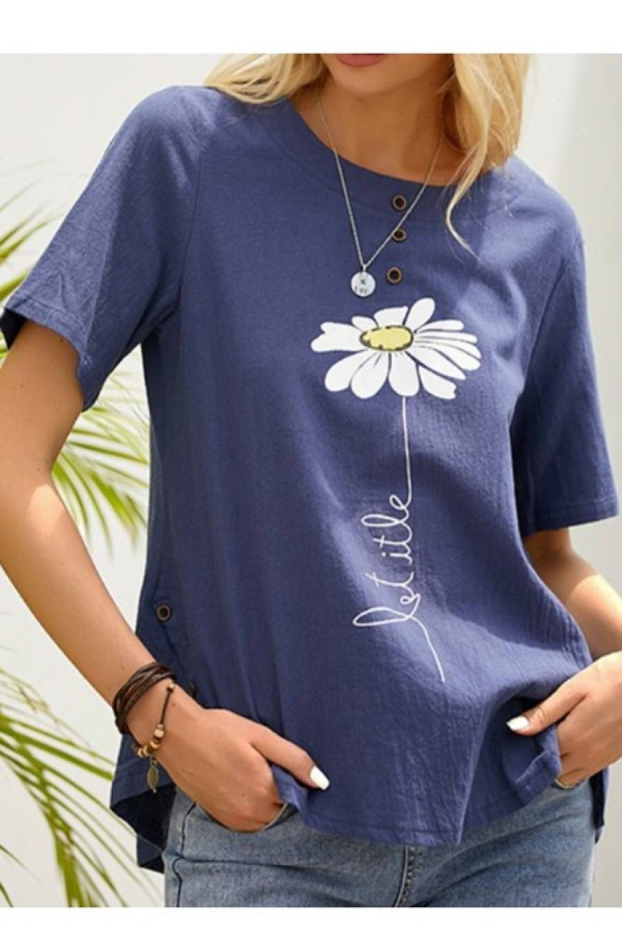 Clothing Azzlee Blouse & Shirts | Round Neck Floral Print Casual Short Sleeve Shirts & Tops Navy Blue