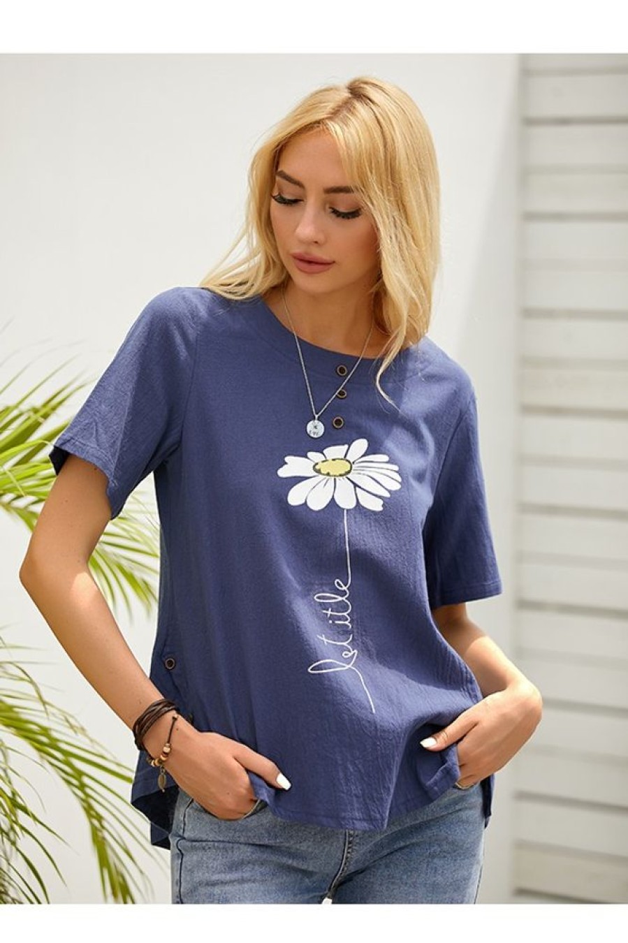 Clothing Azzlee Blouse & Shirts | Round Neck Floral Print Casual Short Sleeve Shirts & Tops Navy Blue