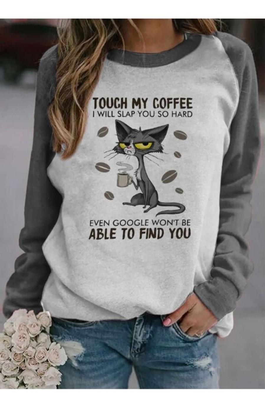 Clothing Azzlee Sweatshirt & Hoodies | Women Cat Printed Round Neck Sweatshirt Grey