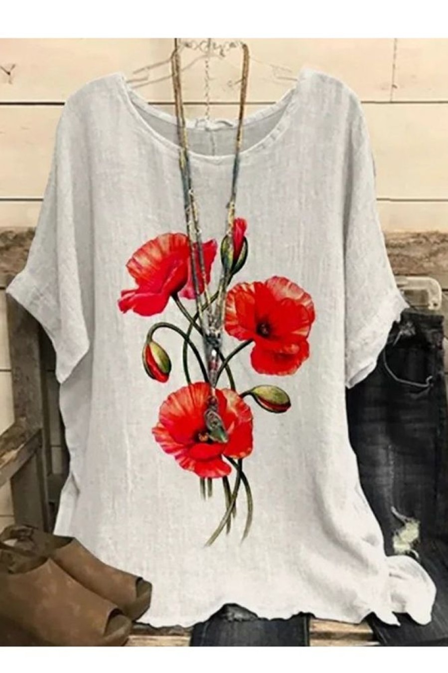 Clothing Azzlee Blouse & Shirts | Casual Graphic Tops Round Neck Floral Printed Short Sleeve Blouse White