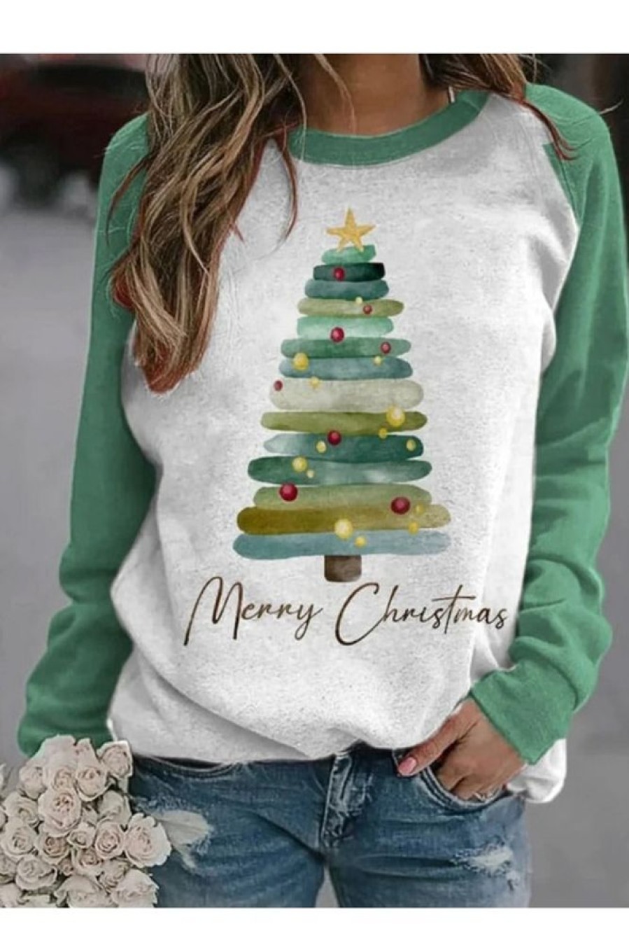 Clothing Azzlee Sweatshirt & Hoodies | Crew Neck Casual Christmas Tree Sweatshirt Green