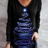 Clothing Azzlee Sweatshirt & Hoodies | Casual V Neck Christmas Tree Printed Long Sleeve Blouse Black