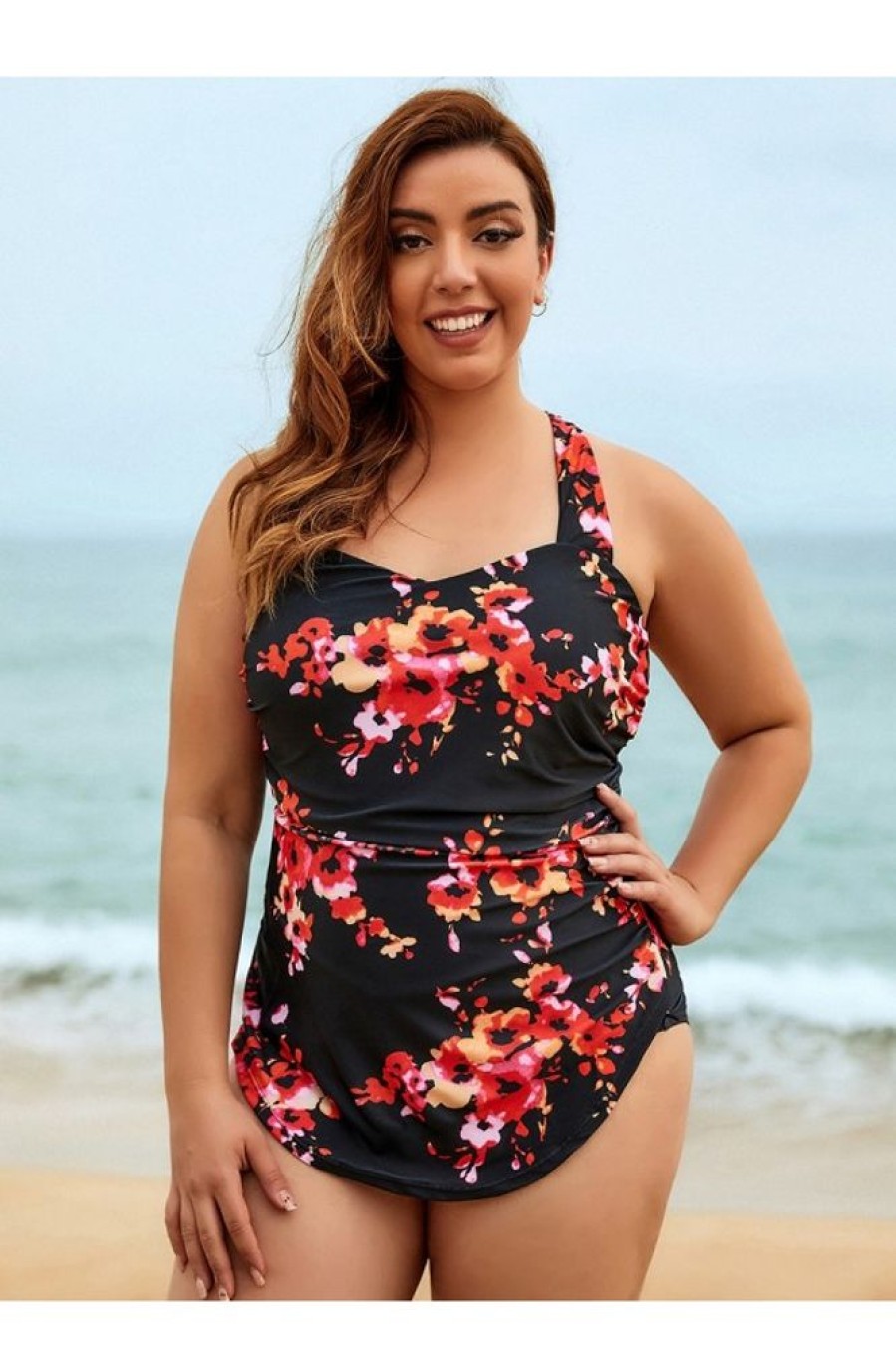 Clothing Azzlee Plus Size | Floral Sweetheart Neckline Halter Strap Plus Size One Piece Swimsuit Multi