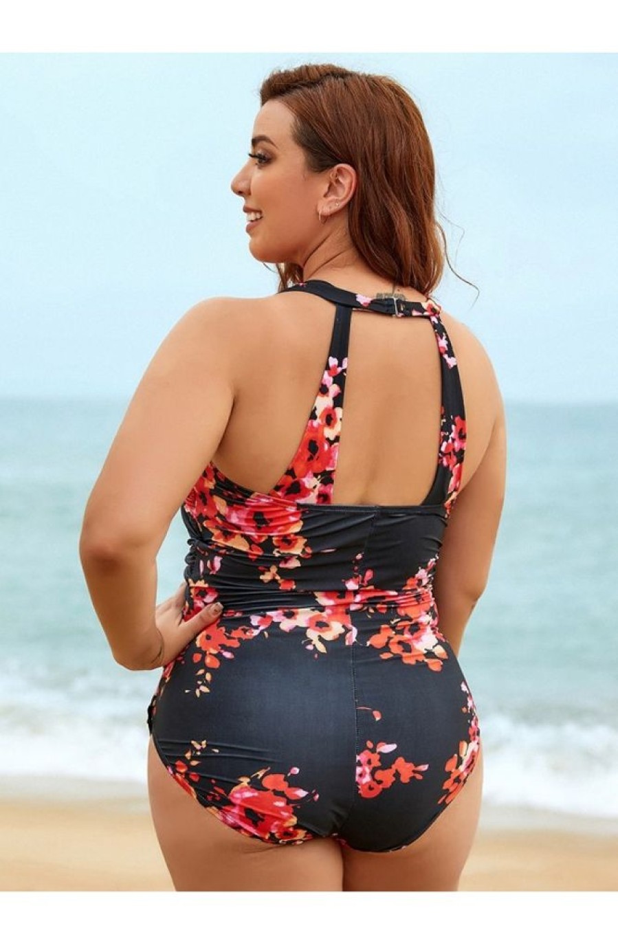 Clothing Azzlee Plus Size | Floral Sweetheart Neckline Halter Strap Plus Size One Piece Swimsuit Multi