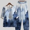 Clothing Azzlee | Casual Round Neck Ink Forest Printed Half Sleeve Two Piece Suit Blue