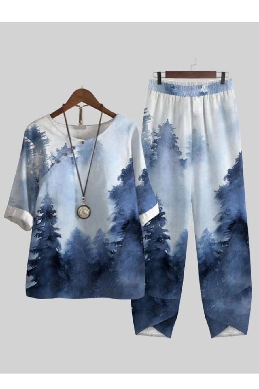 Clothing Azzlee | Casual Round Neck Ink Forest Printed Half Sleeve Two Piece Suit Blue