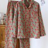 Clothing Azzlee | Plum Blossom Button Cotton Loungewear Set Green