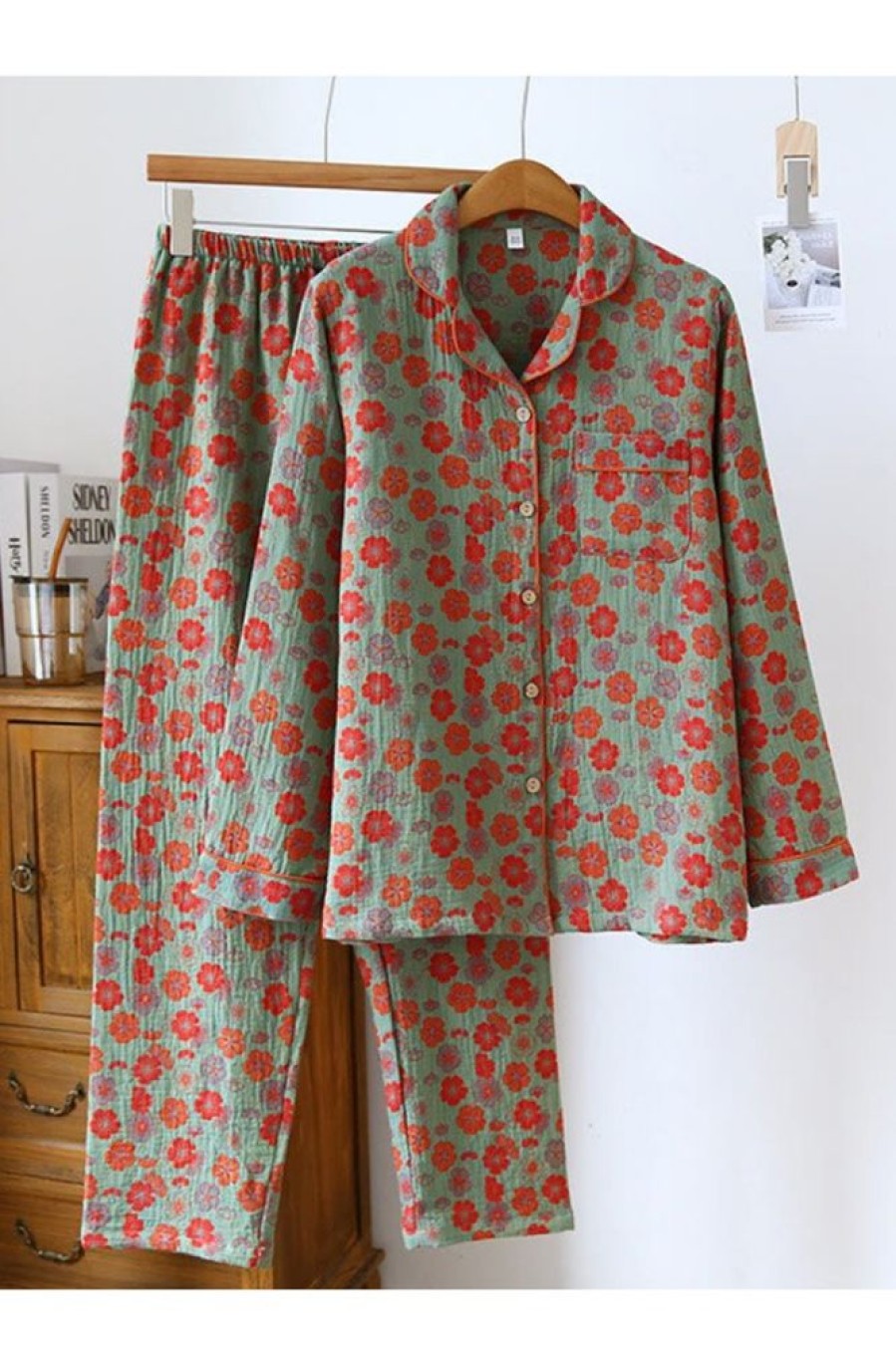 Clothing Azzlee | Plum Blossom Button Cotton Loungewear Set Green