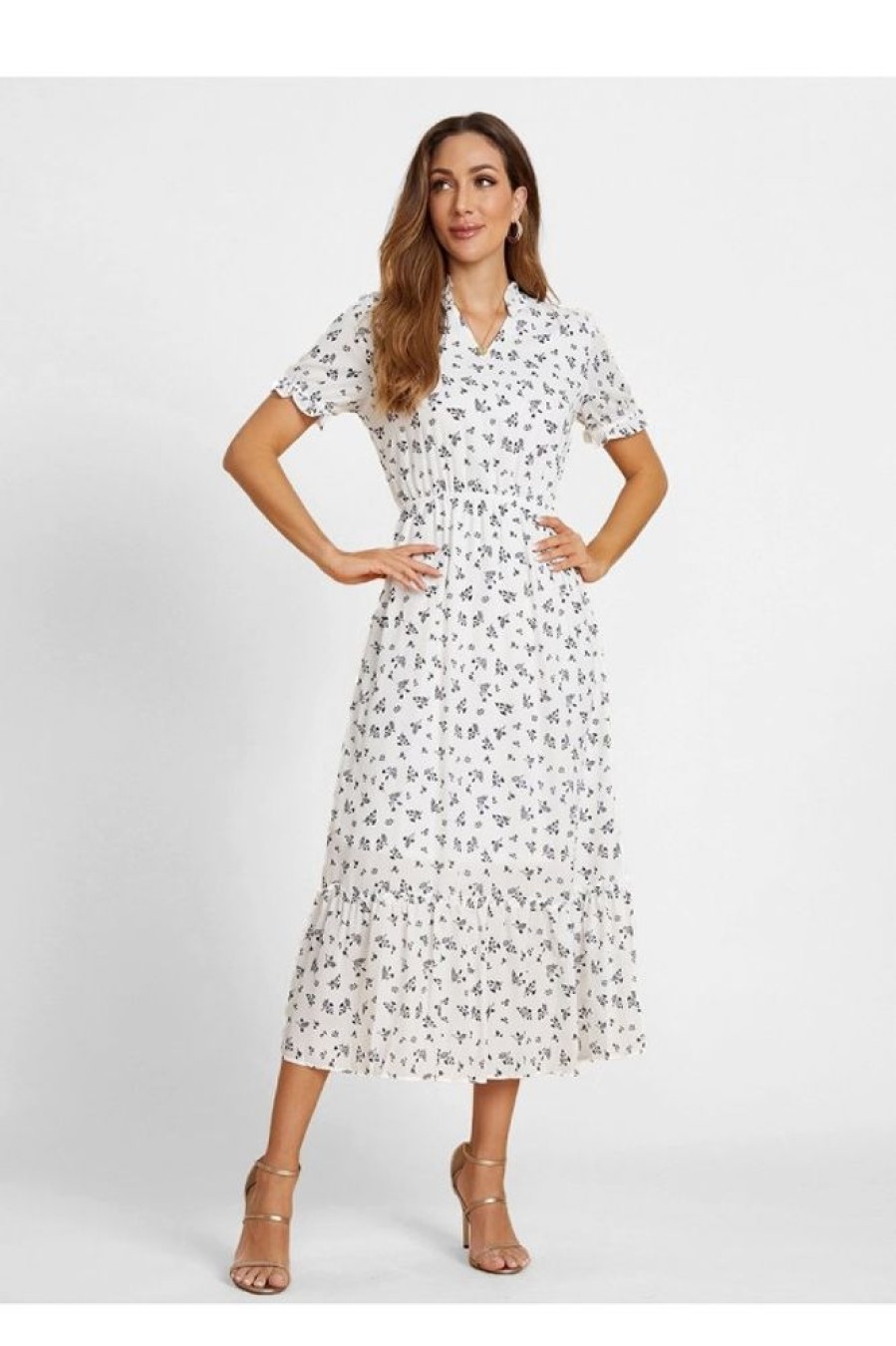 Clothing Azzlee Maxi Dresses | Floral Printed V-Neck Short Sleeve Maxi Dress White