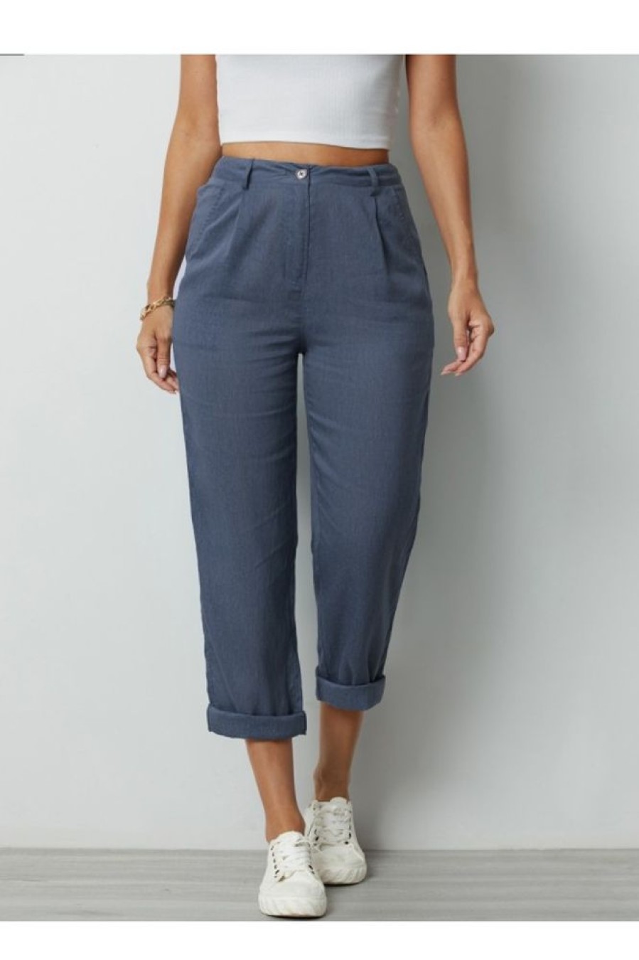 Clothing Azzlee Pants | Solid Casual Pockets Buttons Pants Blue