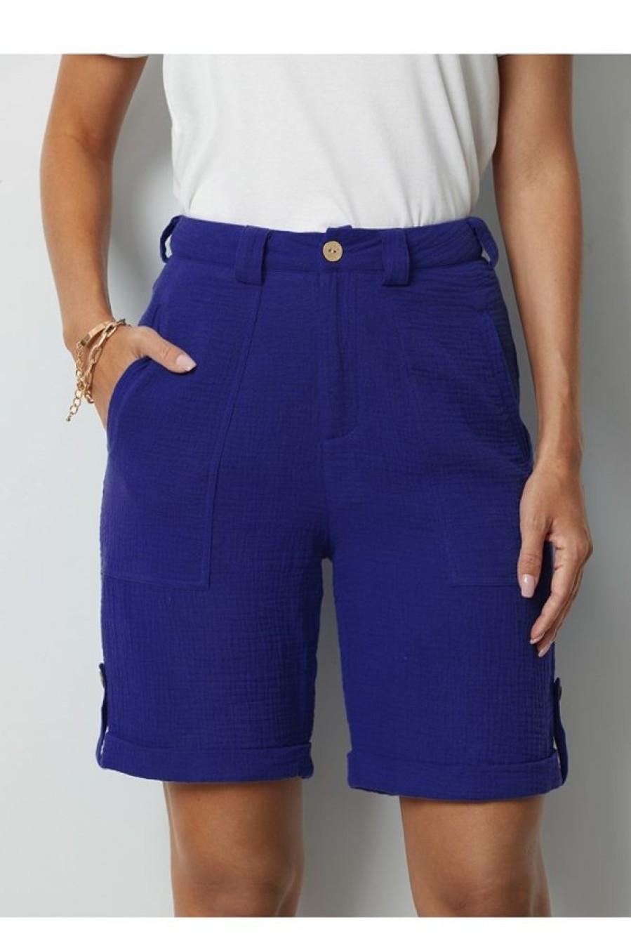 Clothing Azzlee Shorts | Solid Pockets Buttons Shorts Navy Blue