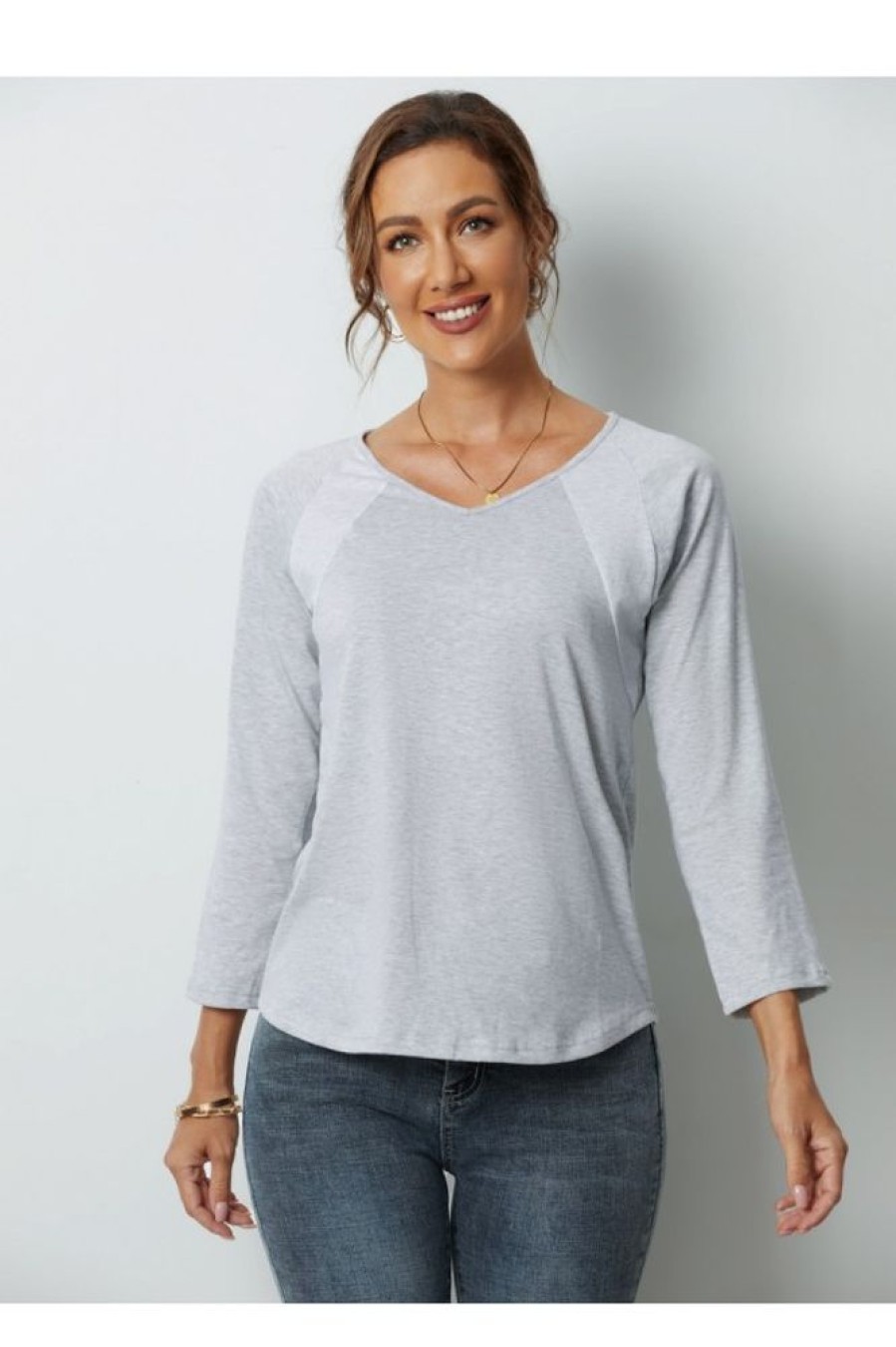 Clothing Azzlee Blouse & Shirts | Color Block Splicing V-Neck Long Sleeve Tops Gray