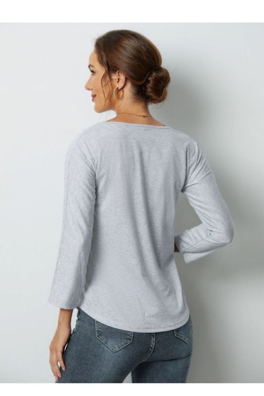 Clothing Azzlee Blouse & Shirts | Color Block Splicing V-Neck Long Sleeve Tops Gray