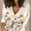 Clothing Azzlee Sweatshirt & Hoodies | Casual Graphic Tops V Neck Floral Printed Long Sleeve Blouse White