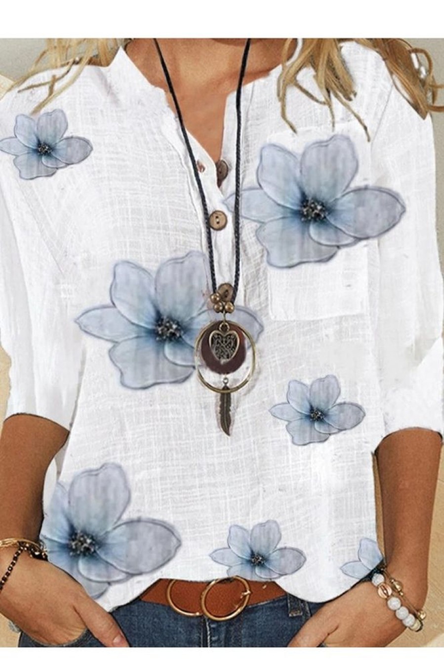 Clothing Azzlee T-Shirts | Half Sleeve Floral V Neck Shift Blouse White