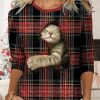 Clothing Azzlee Sweatshirt & Hoodies | Casual Graphic Tops Round Neck Long Sleeve Cat Printed Plaid Sweatshirts Red