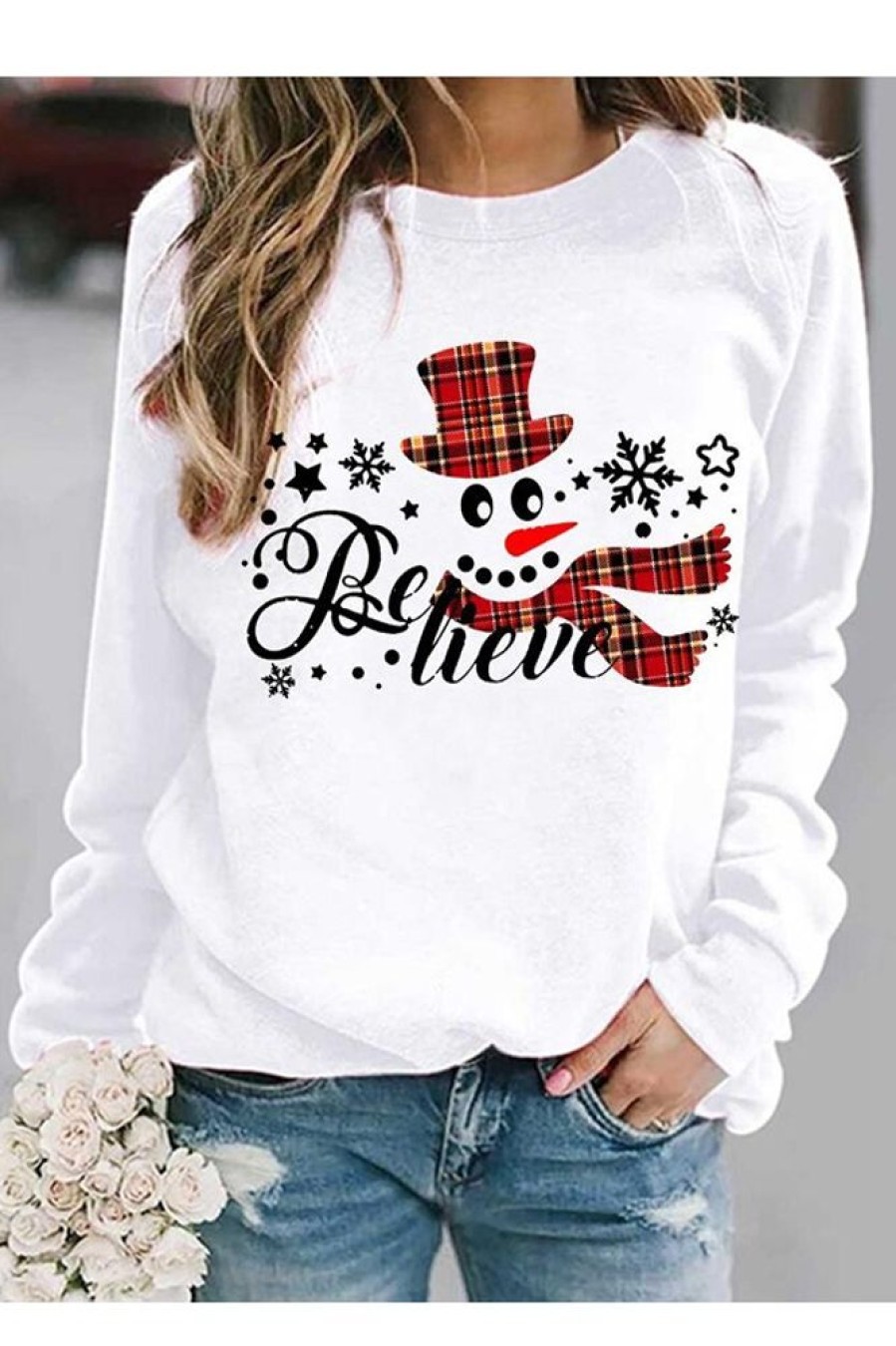 Clothing Azzlee Sweatshirt & Hoodies | Casual Graphic Tops Long Sleeve Round Neck Snowman Printed Sweatshirts For Christmas White