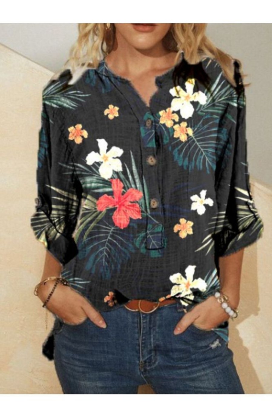 Clothing Azzlee Sweatshirt & Hoodies | Casual V Neck Floral Printed Long Sleeve Blouse Black