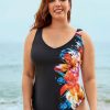 Clothing Azzlee Plus Size | Plus Size Floral Printed V-Neck Wide Straps One Piece Swimsuit Multi