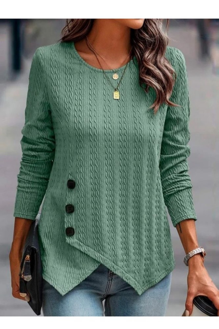 Clothing Azzlee Sweatshirt & Hoodies | Casual Round Neck Solid Long Sleeve Blouse Green