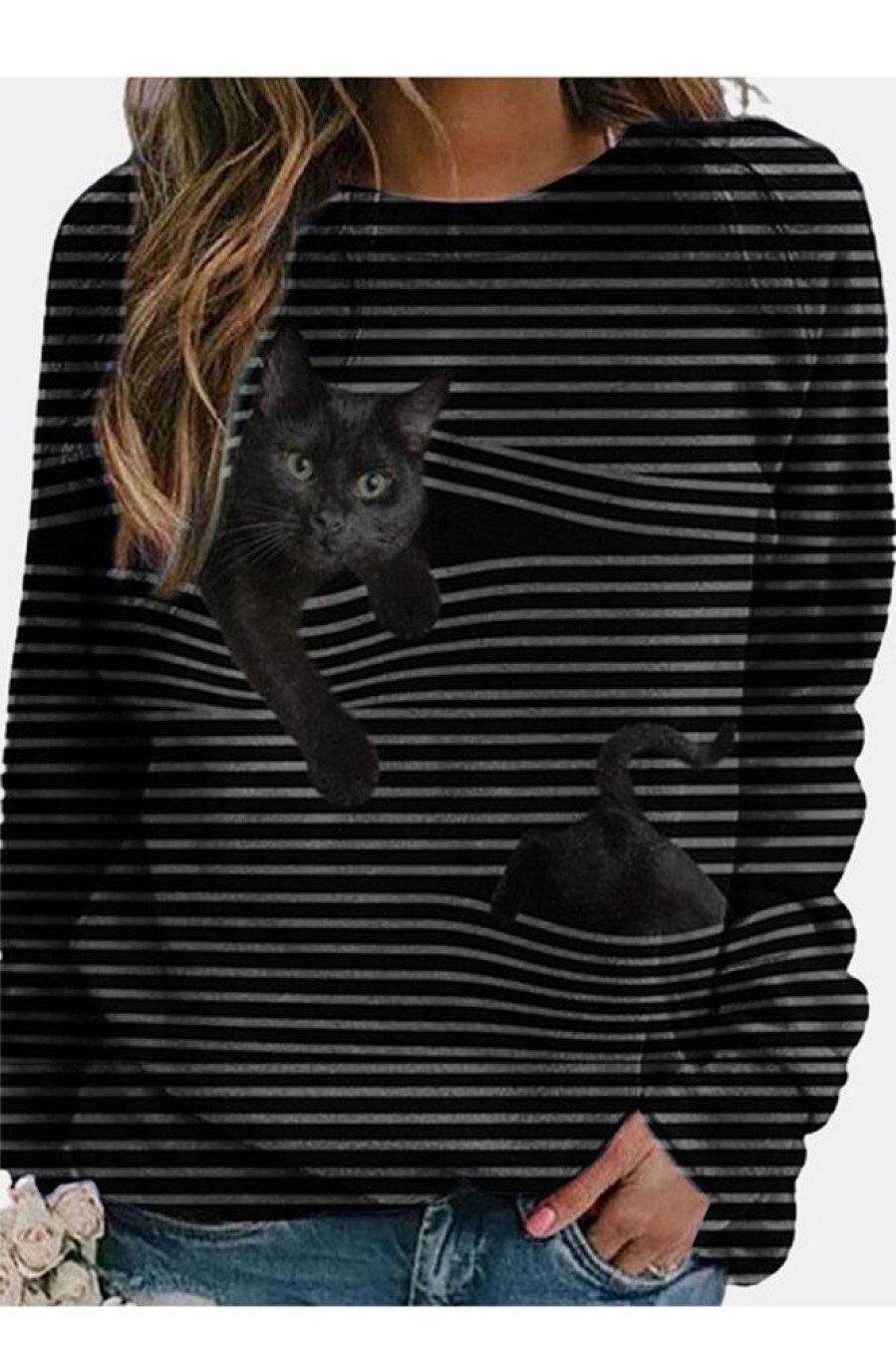 Clothing Azzlee Sweatshirt & Hoodies | Stripe Cat Printed Round Neck Long Sleeve Casual Blouse