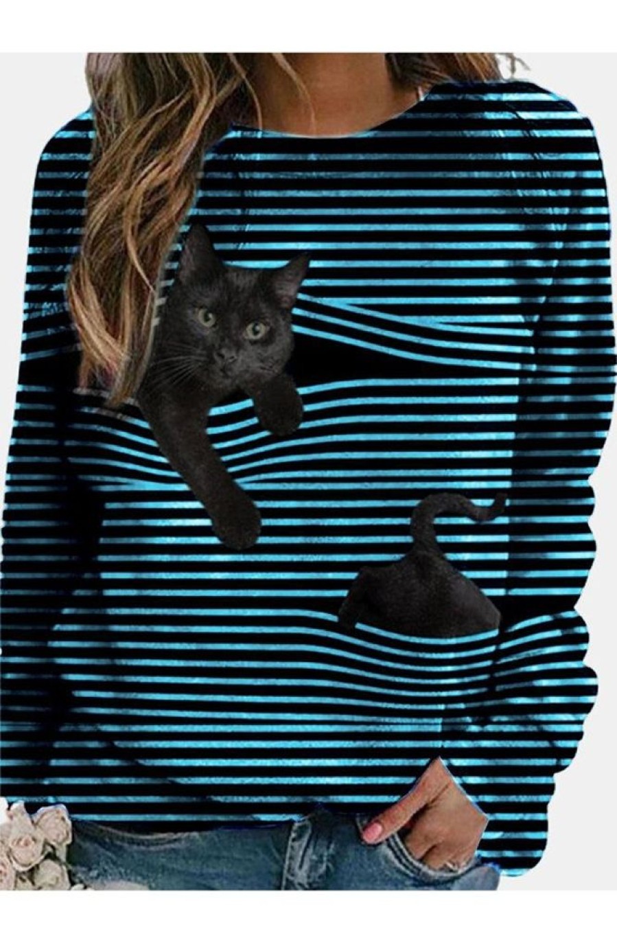 Clothing Azzlee Sweatshirt & Hoodies | Stripe Cat Printed Round Neck Long Sleeve Casual Blouse