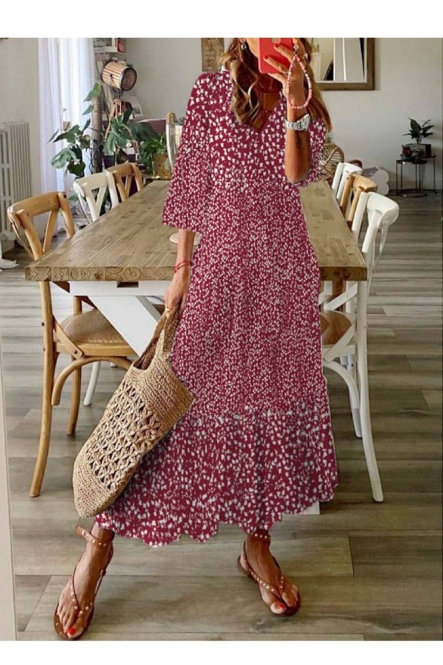 Clothing Azzlee Maxi Dresses | Loose Casual V Neck Half Sleeve Ditsy Floral Maxi Dress Red