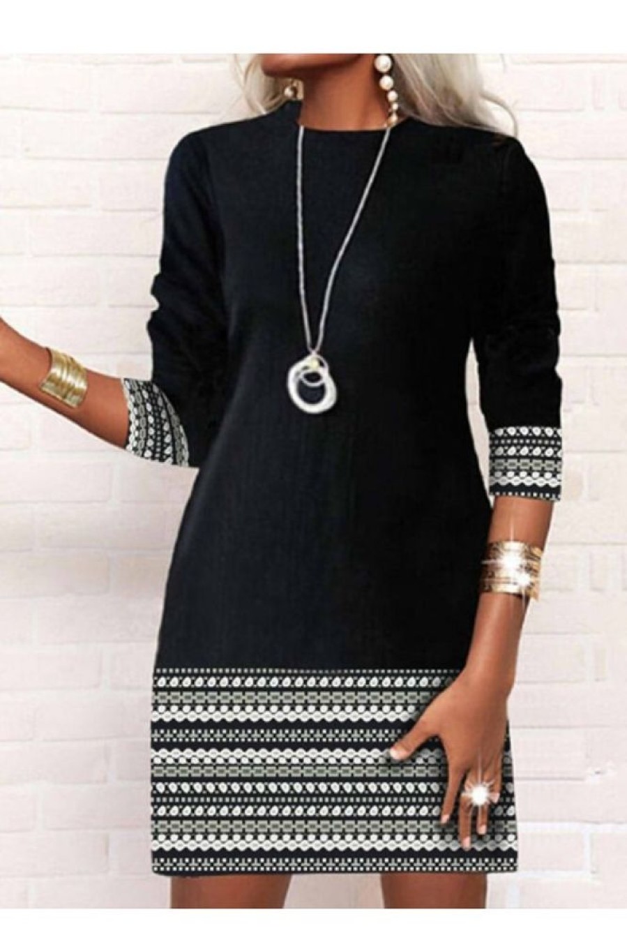 Clothing Azzlee Mini Dresses | Aztec Print Trim Long Sleeve Mini Dress Black