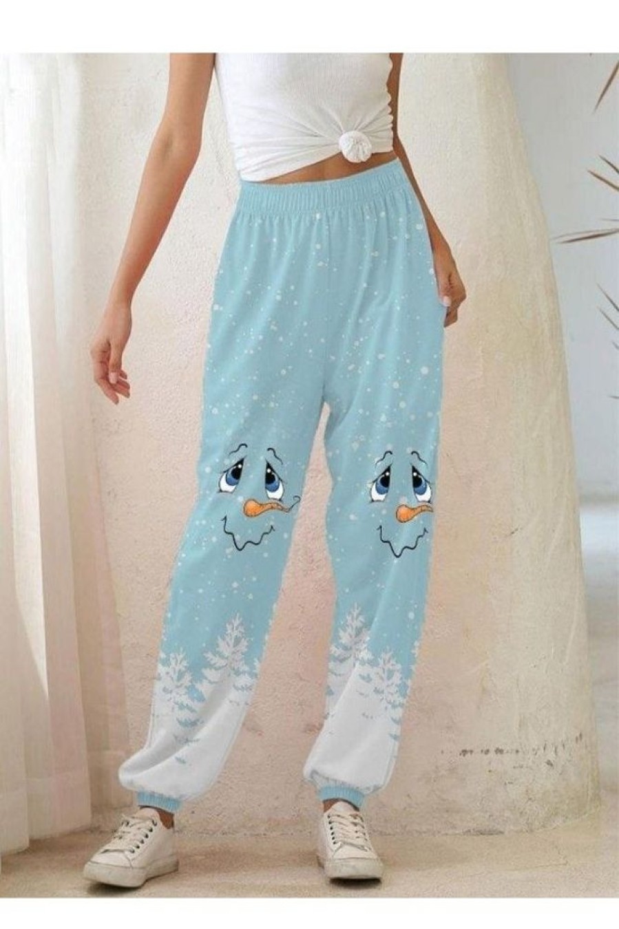 Clothing Azzlee Pants | Casual Snowman Face Printed With Pockets Pants Blue