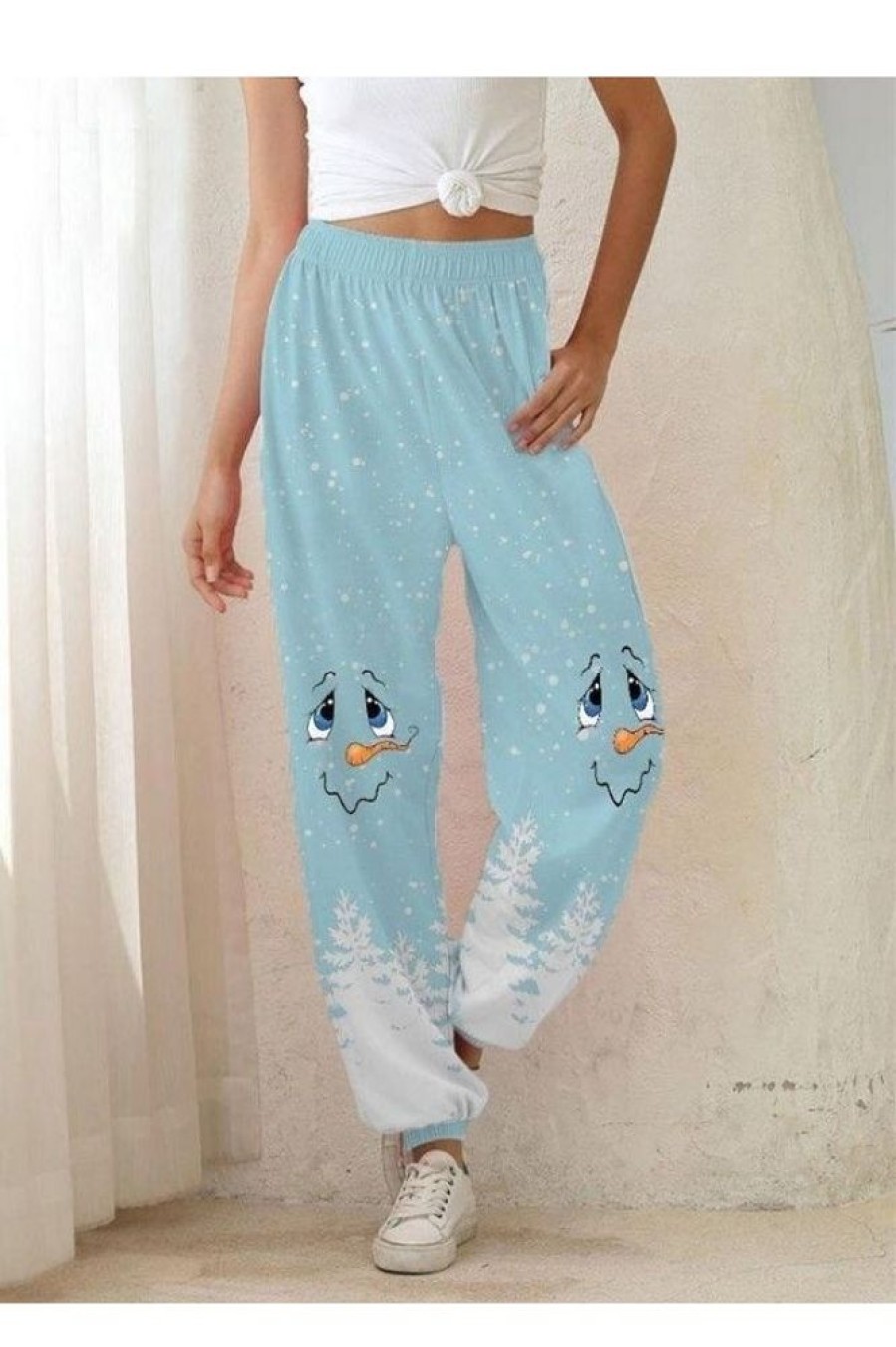 Clothing Azzlee Pants | Casual Snowman Face Printed With Pockets Pants Blue