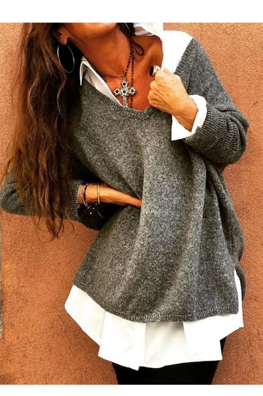 Clothing Azzlee Sweater & Cardigans | Casual Tops V-Neck Long Sleeve Solid Sweater Gray