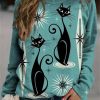 Clothing Azzlee Sweatshirt & Hoodies | Cute Cat Print Crew Neck Sweatshirt Blue