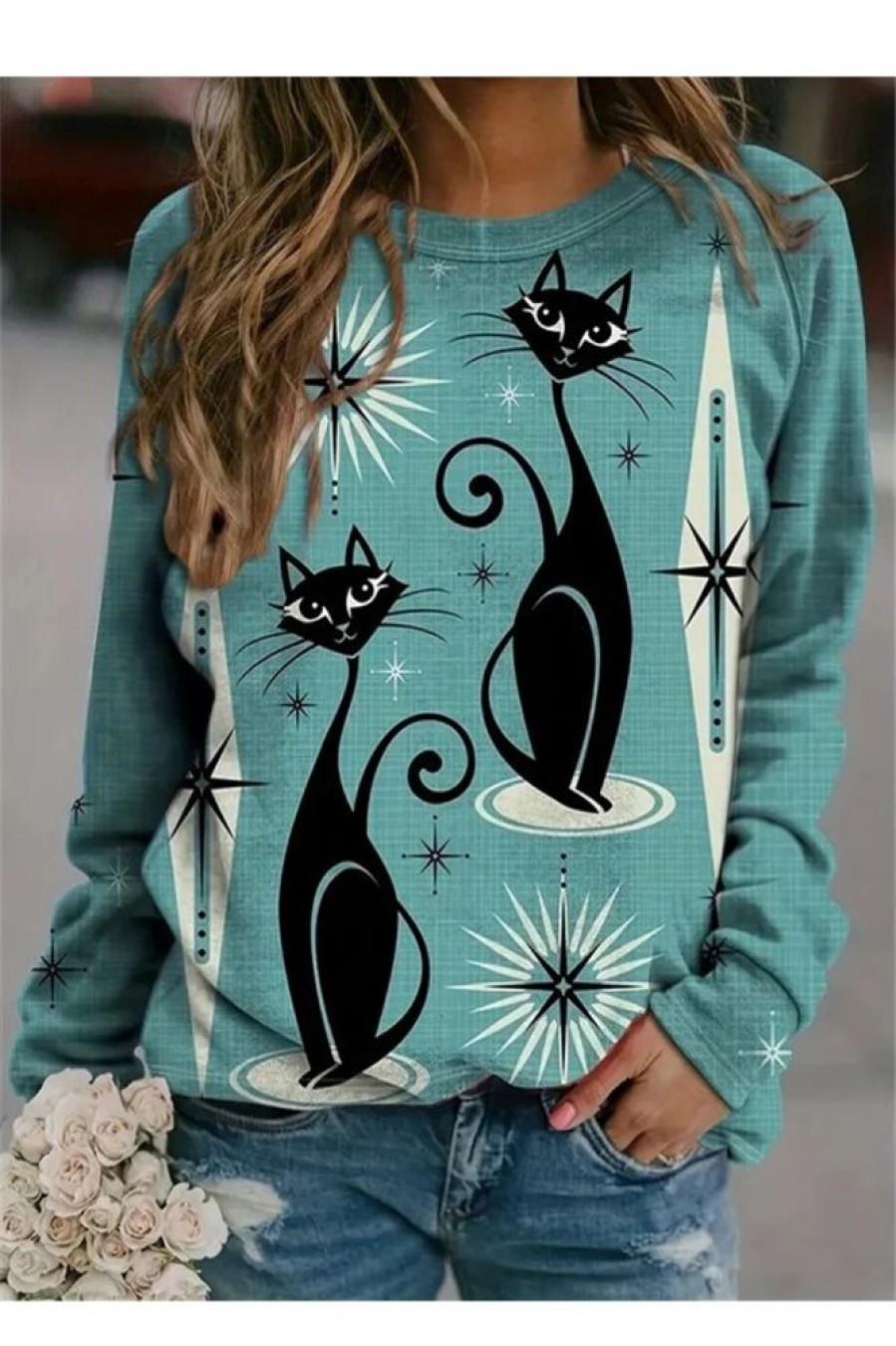 Clothing Azzlee Sweatshirt & Hoodies | Cute Cat Print Crew Neck Sweatshirt Blue