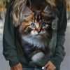 Clothing Azzlee Sweatshirt & Hoodies | Cute Cat Print Round Neck Casual Sweatshirt Dark Green