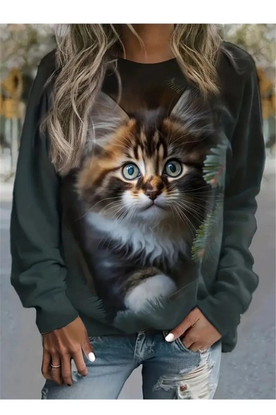 Clothing Azzlee Sweatshirt & Hoodies | Cute Cat Print Round Neck Casual Sweatshirt Dark Green