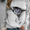 Clothing Azzlee Sweatshirt & Hoodies | Casual Graphic Tops Round Neck Long Sleeve Cat Printed Sweatshirts Gray